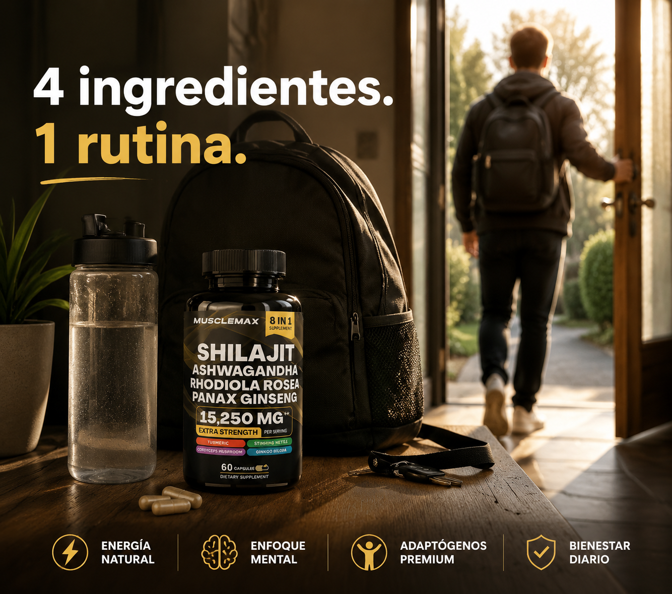Shilajit + Ashwagandha + Rhodiola Rosea + Panax Ginseng · 60 cápsulas