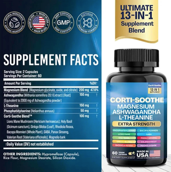 suplemento calma magnesio ashwagandha — mezcla de magnesio, L-teanina y ashwagandha para relajación.