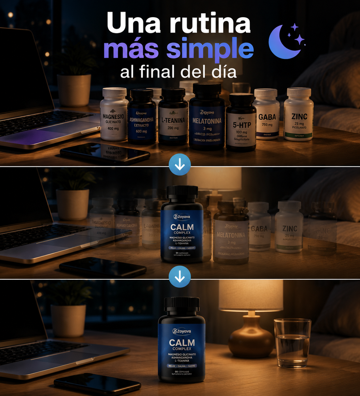 CALM COMPLEX — Magnesio + L-Teanina + Ashwagandha · 60 cápsulas