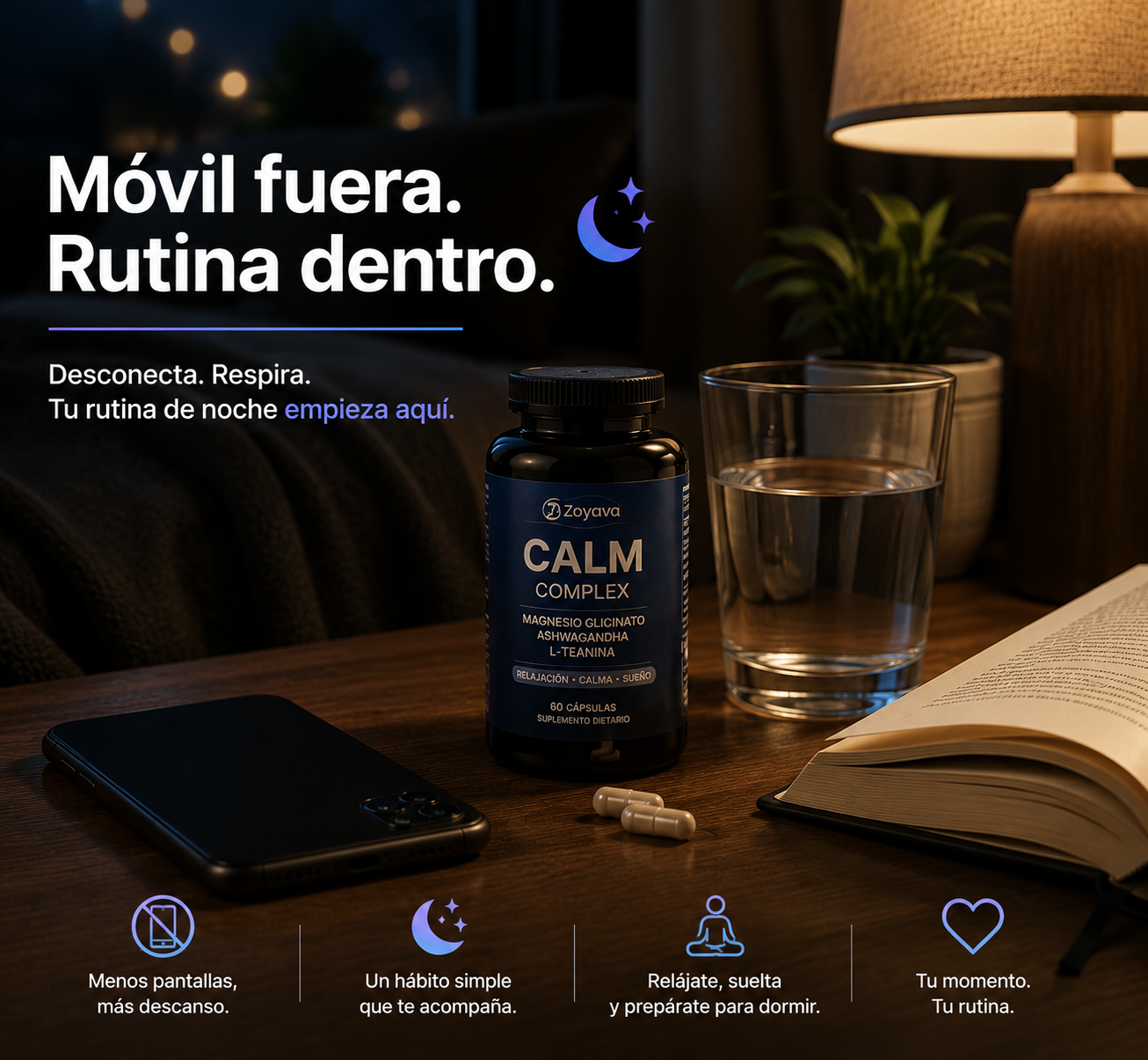 CALM COMPLEX — Magnesio + L-Teanina + Ashwagandha · 60 cápsulas