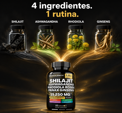 Shilajit + Ashwagandha + Rhodiola Rosea + Panax Ginseng · 60 cápsulas