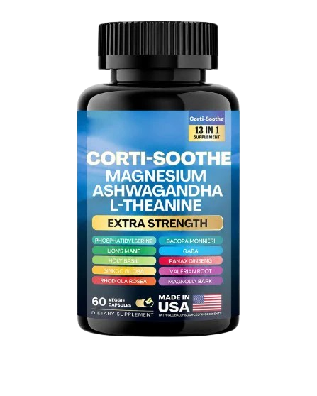 Suplemento calma magnesio ashwagandha, Corti-Soothe con L-teanina, 60 cápsulas, extra strength.