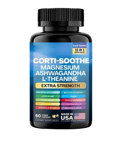 Suplemento calma magnesio ashwagandha, Corti-Soothe con L-teanina, 60 cápsulas, extra strength.